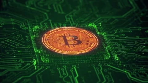 3D Bitcoin Cryptocurrency on Computer Motherboard Stock Footage 296043247