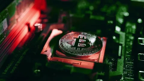 3D Bitcoin Cryptocurrency on Computer Motherboard Stock Footage 296044013