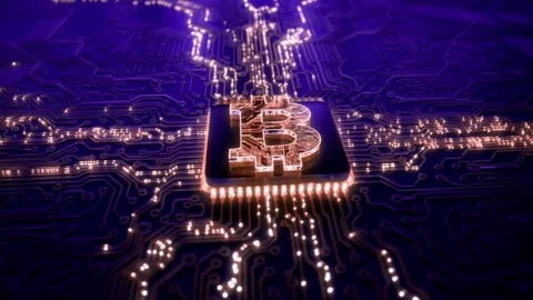 3D Bitcoin Cryptocurrency on Computer Motherboard Stock Footage 296044612