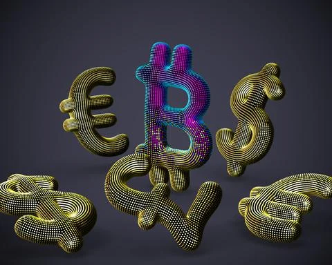 3D Bitcoin cryptocurrency logo surrounded by fiat currencies signs Stock Illustration