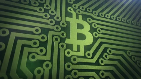 3D Bitcoin Logo Symbol on Computer Circuit Board with Camera Move Stock Footage 87153742