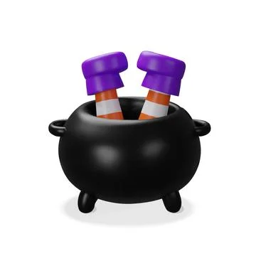 3D black cauldron with striped witch legs Stock Illustration