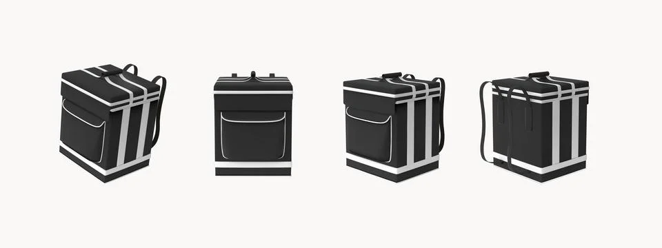 3D black courier delivery backpack view from different sides, vector takeaway Stock Illustration