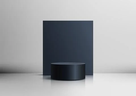 3D Black Cylindrical Podium with Rectangular Backdrop on White Floor, Ideal.. Stockillustratie