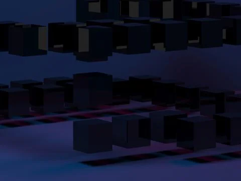 3d black flying cubes installation in dark room Illustrazione stock