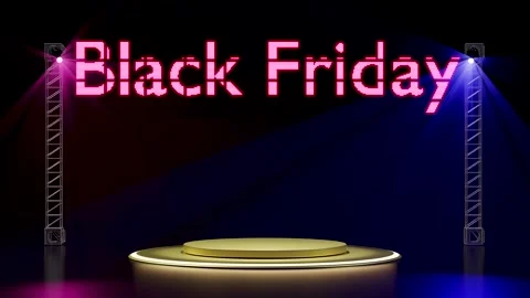 3d black friday advertisement with running lights sign, yellow empty podium.. Stock Footage 283717095