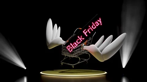3d black friday advertisement with shopping cart, running lights sign, yell.. Video stock 283717110
