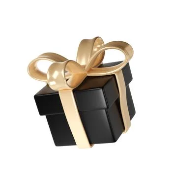 3d black Friday gift box icon with golden ribbon bow on white background. R.. Stock Illustration