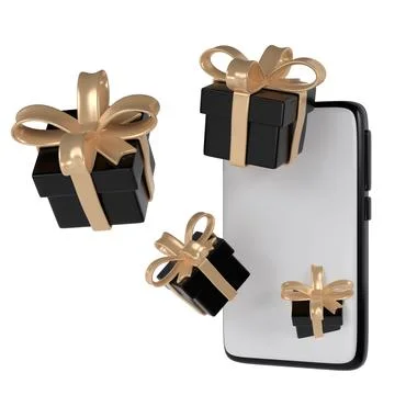 3d black Friday gift boxes icon with golden ribbon bow from phone. Render Shop 스톡 일러스트