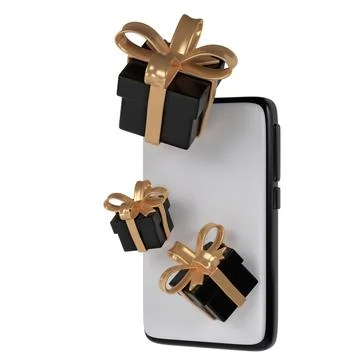 3d black Friday gift boxes icon with golden ribbon bow from smartphone. Render 스톡 일러스트