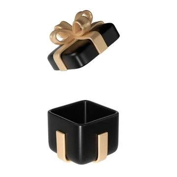 3d black Friday open gift box icon with golden ribbon bow isolated with cli.. Ilustração Stock