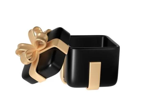 3d black Friday open gift box icon with golden ribbon bow isolated with cli.. イラスト素材
