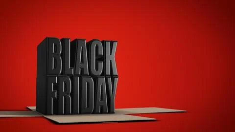 3D Black Friday Text Rising from Gift Box on Red Background Stockillustratie