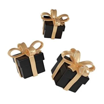 3d black Friday three gift boxes icon with golden ribbon bow on white background Stock Illustration