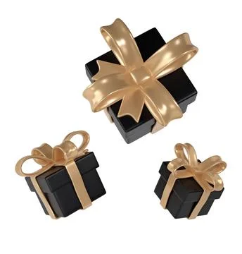 3d black Friday three gift boxes icon with golden ribbon bow on white background 스톡 일러스트