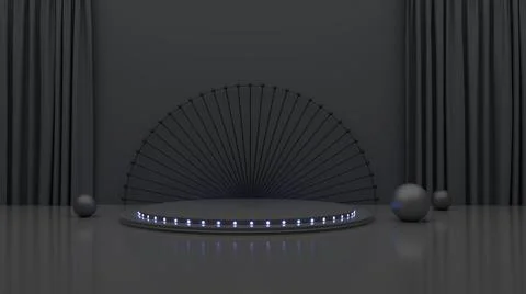 3D Black geometric stage podium with blue neon light. Dark background. Luxury Stock Illustration