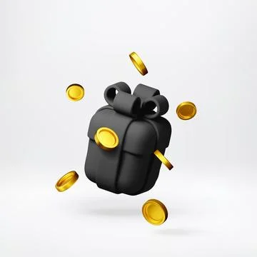 3D Black gift box and flying golden coins. Stock Illustration