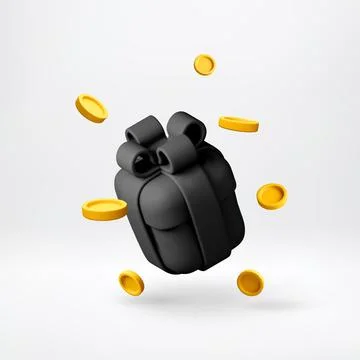 3D Black gift box and floating gold coins. Stock Illustration