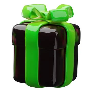 3D black gift box with green ribbon bow vector icon, festive surprise close box Stock Illustration