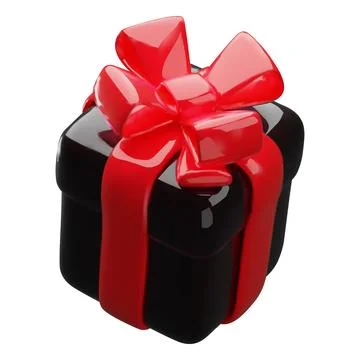 3D black gift box with red ribbon bow vector icon, festive surprise close box Stock Illustration