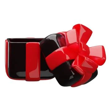 3D black gift box with red ribbon bow, open lid vector icon, festive surprise Stock Illustration