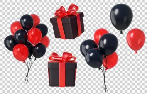 3d Black gift boxes with red ribbons and balloons Stock Illustration