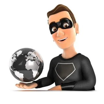 3d black hero presenting flying earth Stock Illustration