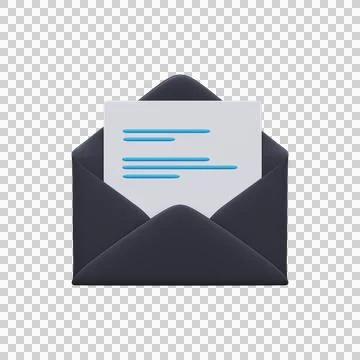3D Black open mail envelope with a letter. Stock Illustration