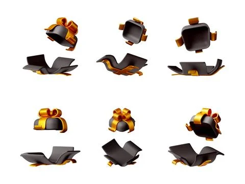 3D Black opened gift box with gold ribbon Stock Illustration
