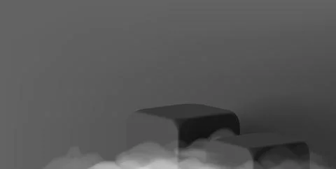 3d black square cubes empty pedestal with clouds or fog, product scene showca Illustrazione stock