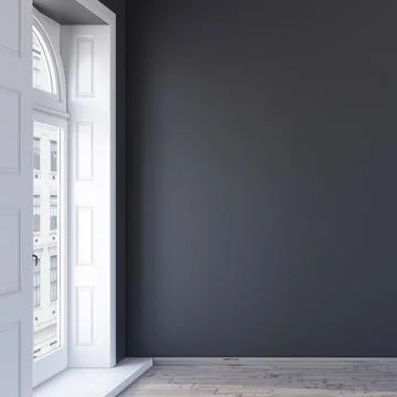 3d black wall mockup design in an empty room with wooden floor, french windows Illustrazione stock