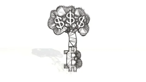 3d black wireframe spin and assemble into a 3d bitcoin symbol and dollars tree Stock Footage 87118281