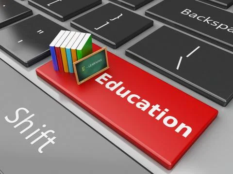 3d Blackboard and books on computer keyboard. 스톡 일러스트
