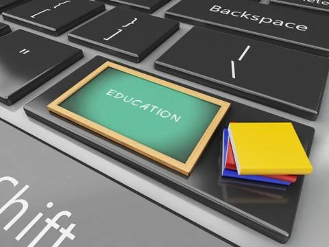 3d Blackboard and books on computer keyboard. 스톡 일러스트