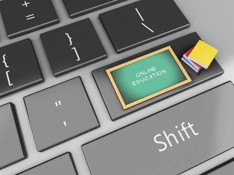 3d Blackboard and books on computer keyboard. 스톡 일러스트