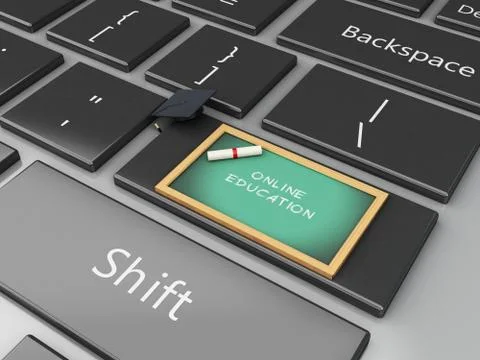 3d Blackboard, graduation cap on computer keyboard. 스톡 일러스트