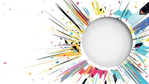 3D blank circle frame paper cut style with colorful confetti exploded on wh.. Illustrazione stock