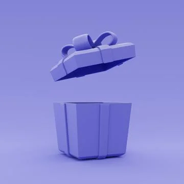 3d blank open purple gift box isolated,present box with ribbon bow,minimal st Stock Illustration