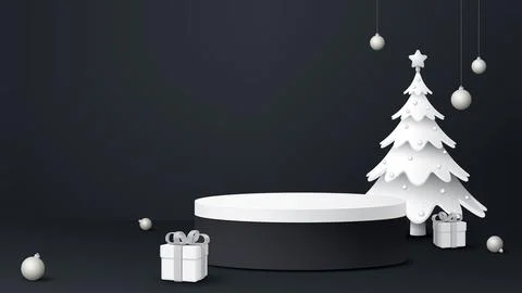 3D Blank podium with decorated white Christmas tree  and element on black b.. Stock Illustration
