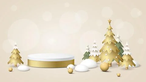 3D blank rounded podium with decorated golden Christmas trees and element o.. Stock Illustration