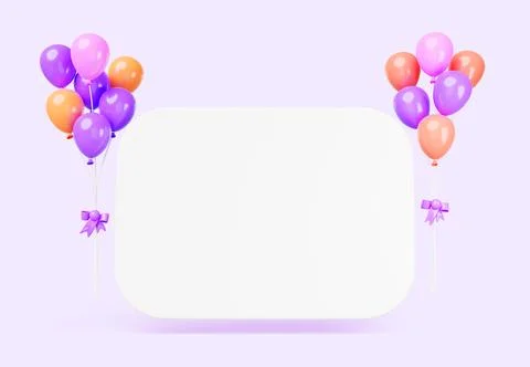 3d blank white board with bundles of colorful balloons, ribbons and bows. Banner Illustrazione stock