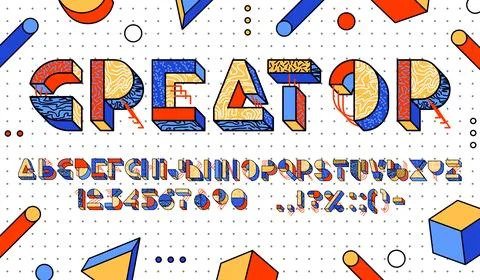 3D block font, memphis type geometric 90s typeface Stock Illustration
