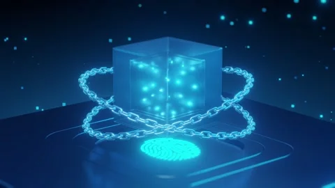 3D Blockchain Glass Cube with Chain and Glowing Fingerprint on Dark Blue Video stock 334058210