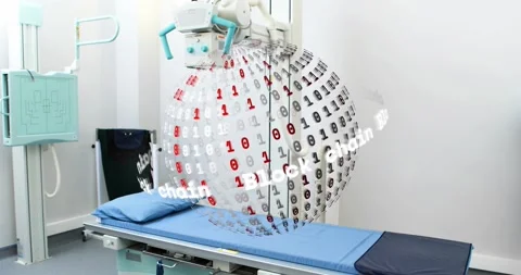 3D blockchain globe appearing above exam table rotating clockwise shifting right Stock Footage 321956028