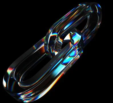3d blockchain hyperlink of glass chromatic chain links isolated on black Illustrazione stock