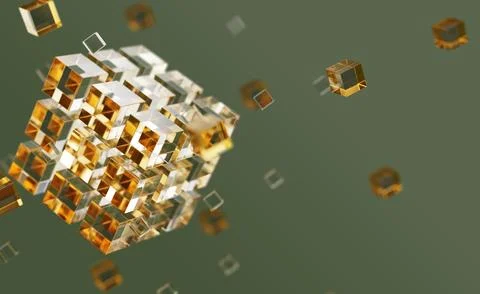 3d blockchain technology banner. Gold glass cube of connected crystal blocks Illustrazione stock