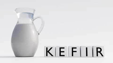 3D blocks spell "KEFIR" alongside a glass pitcher of milk. Ilustração Stock