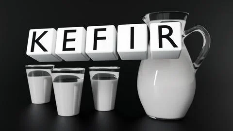 3D blocks spell "KEFIR" alongside a glass pitcher of milk. Ilustração Stock