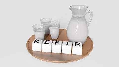 3D blocks spell "KEFIR" alongside a glass pitcher of milk. Ilustração Stock