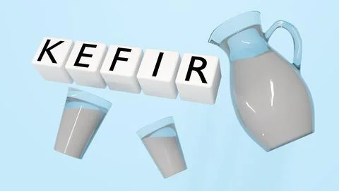 3D blocks spell "KEFIR" alongside a glass pitcher of milk. Ilustração Stock
